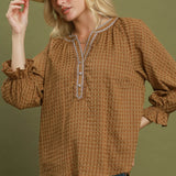 Latte Brown Windowpane Texture Trim Button Blouse