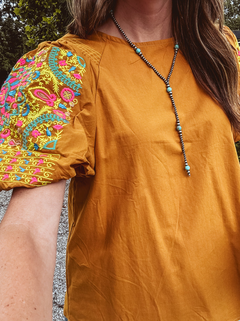 Caramel Balloon Sleeve Embroidered Top