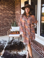 Orange Tan Animal Print Button Up Shirt Dress