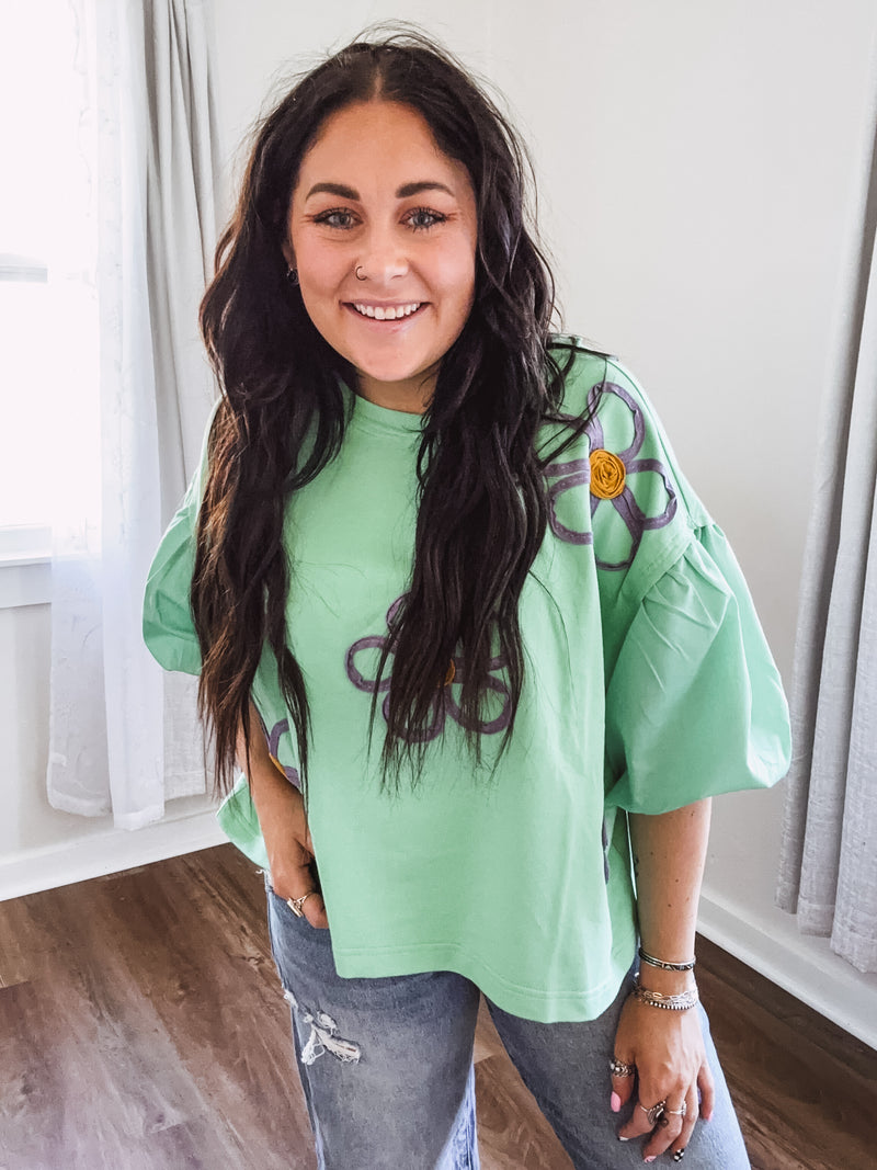 Mint Floral Applique Top