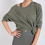 Mineral Wash Round Neckline L/S Top with Pocket
