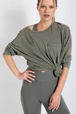 Mineral Wash Round Neckline L/S Top with Pocket