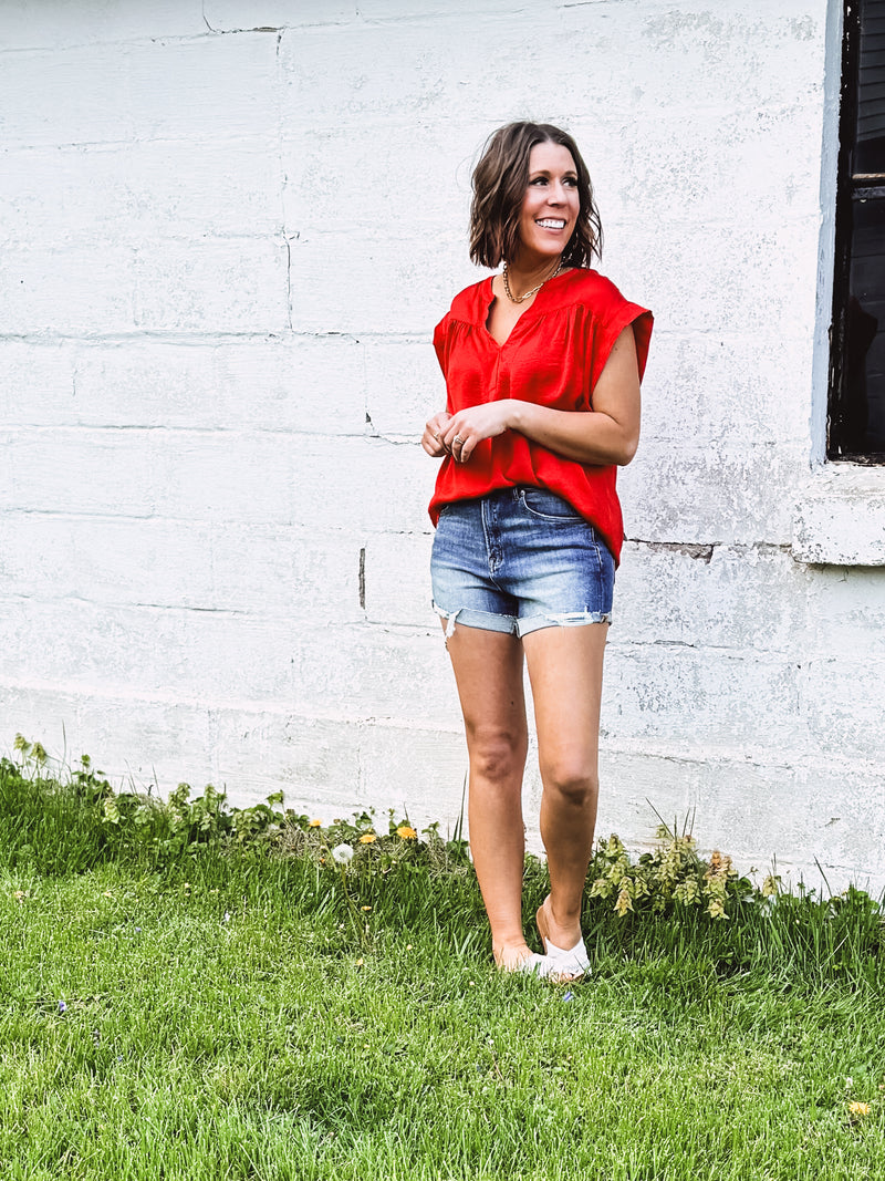 Red Satin V Neck Woven Top
