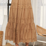 Mocha Eyelet Lace Tiered Midi Skirt