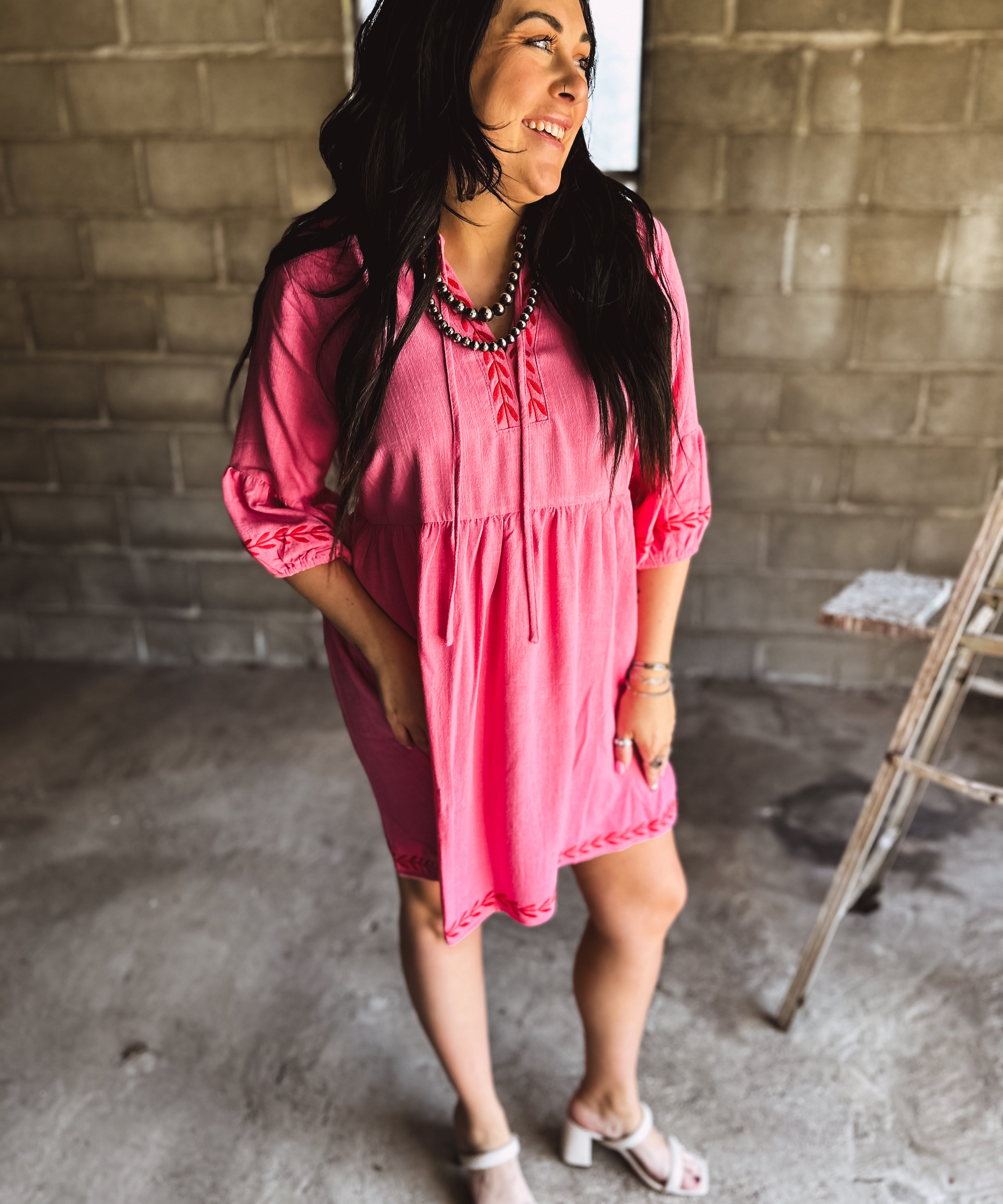 Bubble Pink Linen Red Embroidered Dress The Red Raccoon Bubble Pink Linen Red Embroidered Dress The Red Raccoon