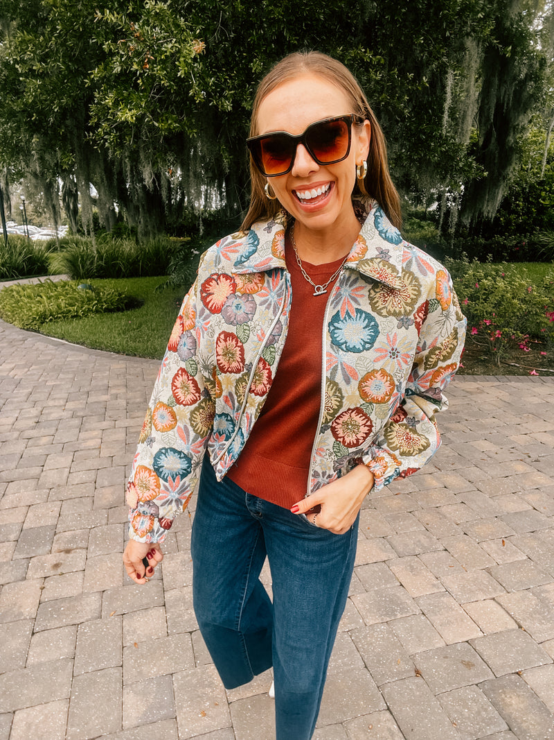 Retro Floral Jacquard Crop Jacket