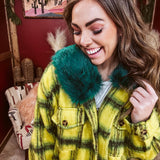 Lime + Yellow Fuzzy Plaid Jacket with Furry Collar