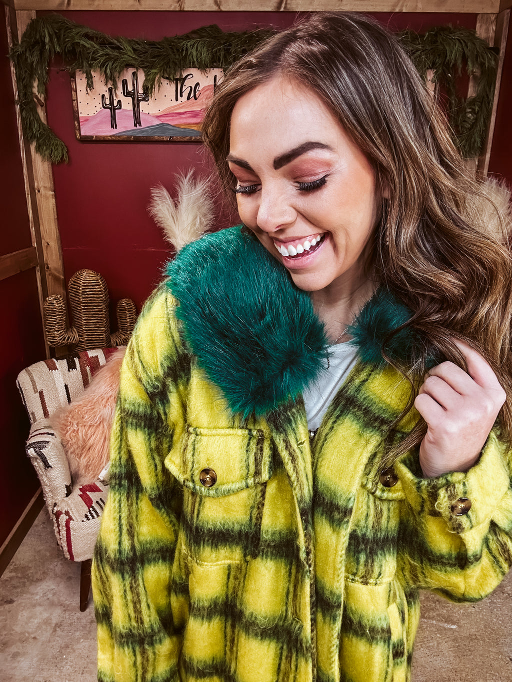 Lime + Yellow Fuzzy Plaid Jacket with Furry Collar