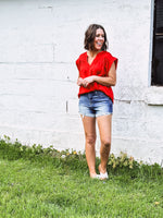 Red Satin V Neck Woven Top