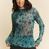 Teal Velvet Floral Burnout Mesh