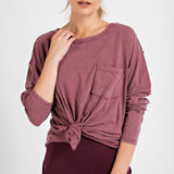 Mineral Wash Round Neckline L/S Top with Pocket