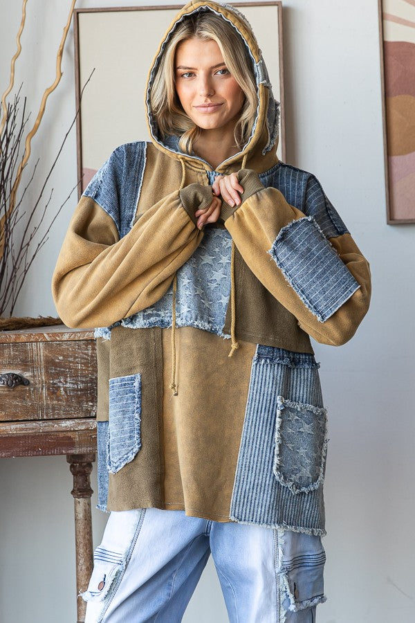 Olive Washed Denim Patchwork Hoodie