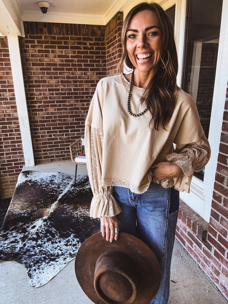Natural Washed Lace Puff Sleeve Top