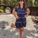 Navy Ruffle Sleeve Contrast Trim Tiered Shirt Dress