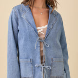 Denim Lapel Collar Jacket with Front Tie