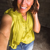 Chartreuse Satin V Neck Woven Top