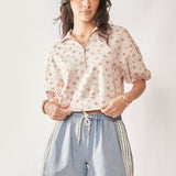 Beige + Pink Ditsy Floral Short Sleeve 1/4 Zip