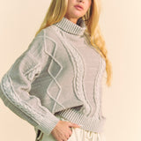 Grey Ribbed & Braided Rolled Neck Sweater