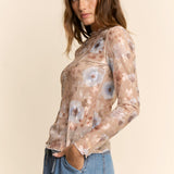 Nude Enchanting Floral Mock Neck Sheer Mesh