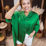 Emerald Washed Satin Button Down Blouse