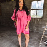 Bubble Pink Linen Red Embroidered Dress