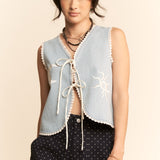 Denim Stripe Sun & Moon Tie Front Vest