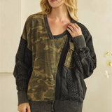 Washed Camo V-Neck Mixed Knit Top