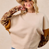Brown Mustard Floral Sleeve Contrast Sweater