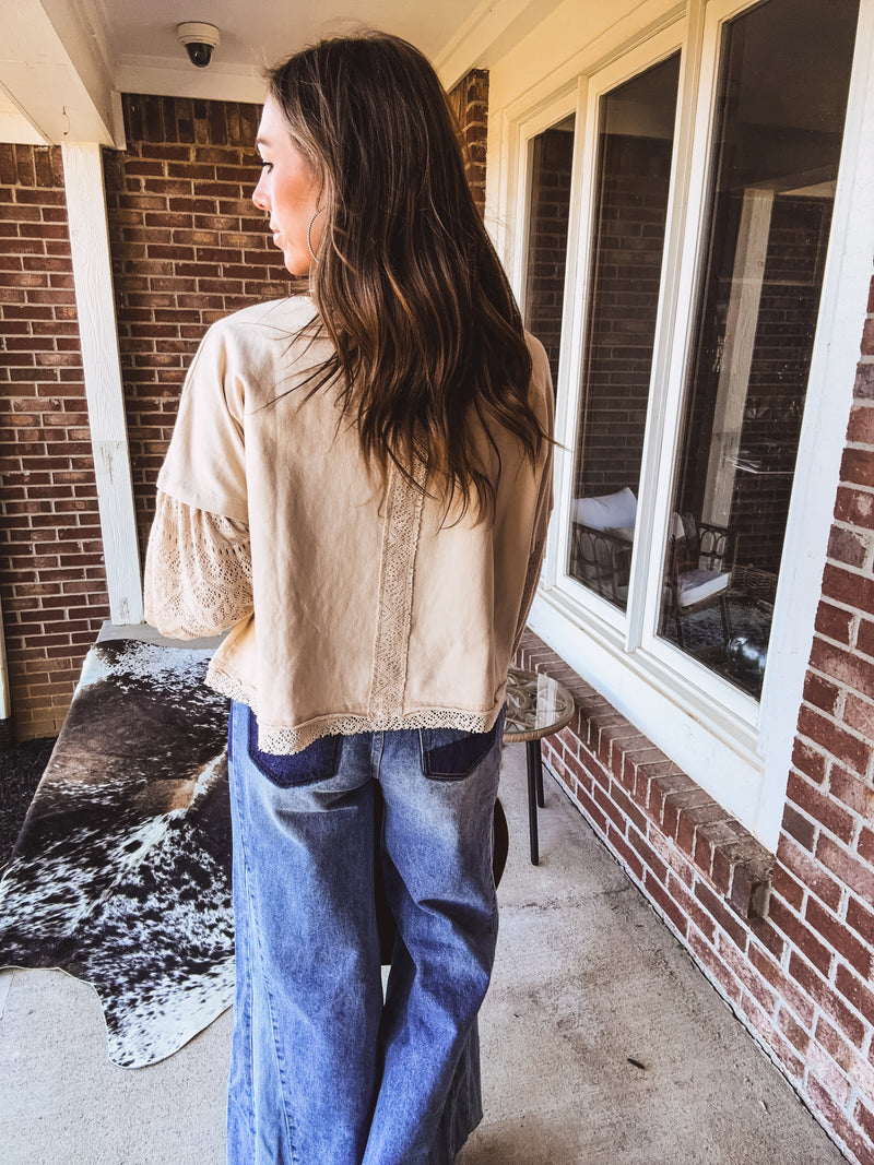 Natural Washed Lace Puff Sleeve Top