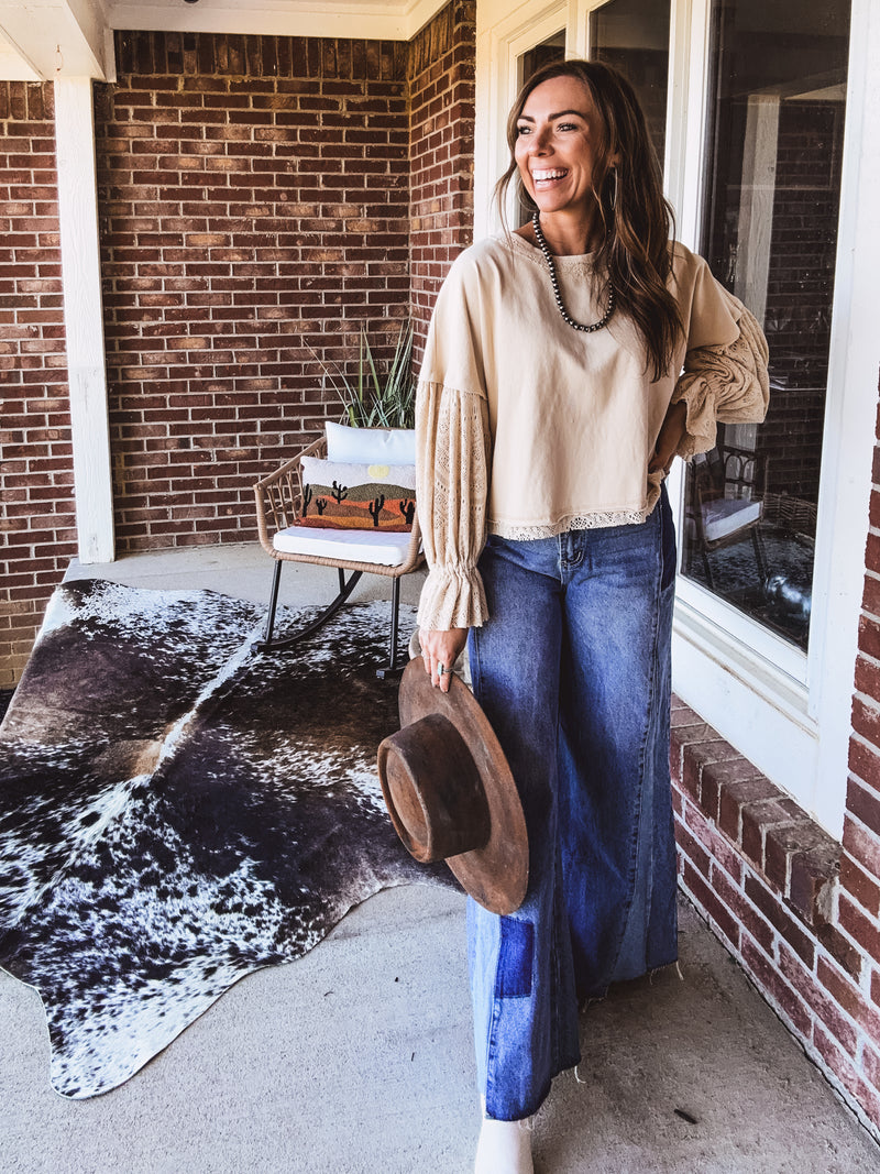 Natural Washed Lace Puff Sleeve Top