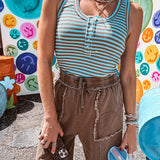 Ribbed texture deep U shaped neckline tank with striping detail and 1/4 button front, U shaped hem.