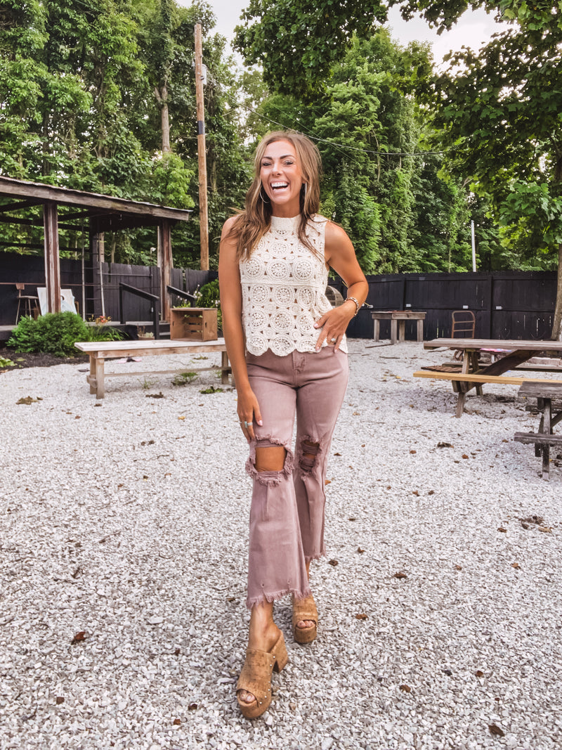 Mauve High Rise Straight Knee Distressed Denim