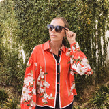Orange Floral Scarf Print Button Front Blouse