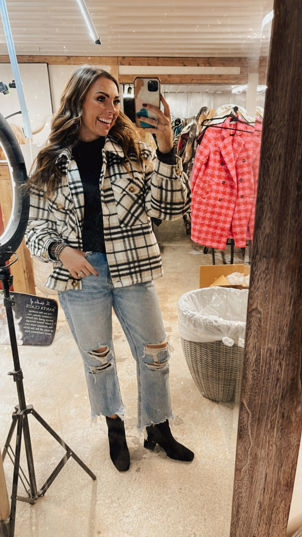 Black + White Plaid Button Up Shacket