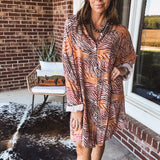 Orange Tan Animal Print Button Up Shirt Dress