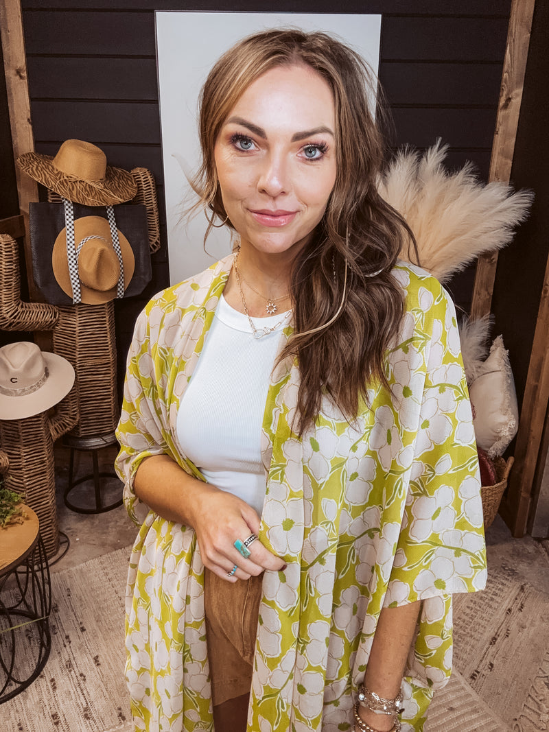 Lime Green Boho Floral Kimono