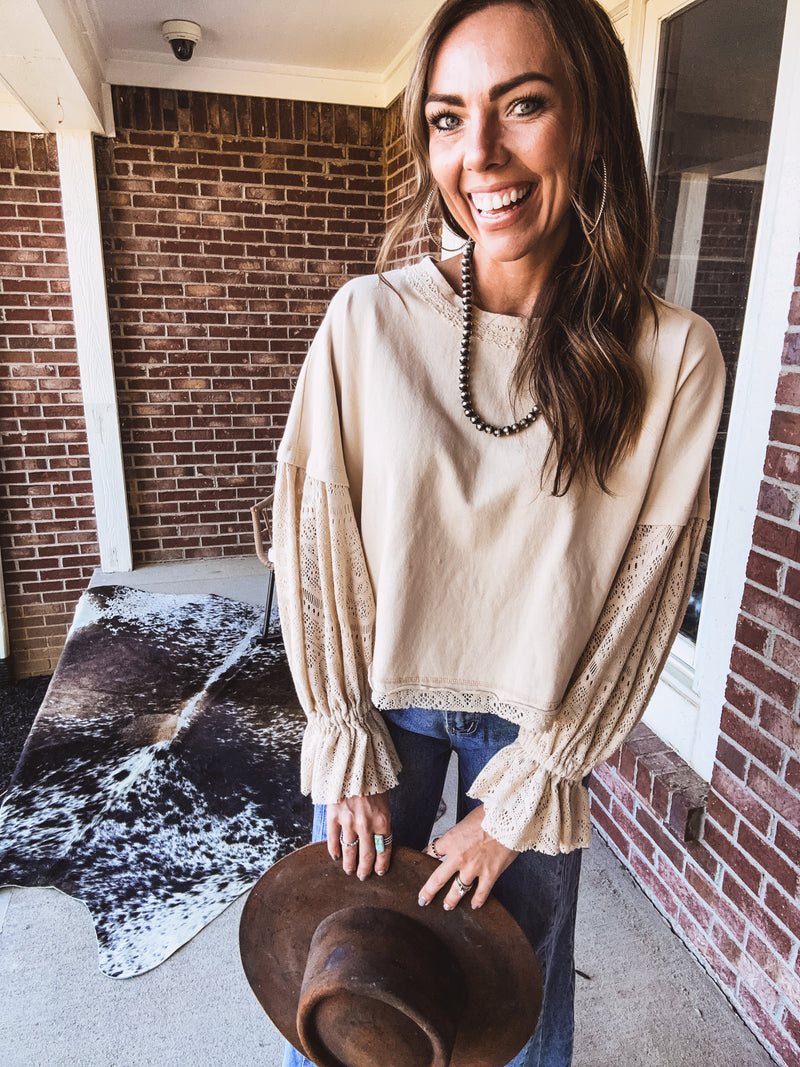 Natural Washed Lace Puff Sleeve Top