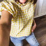 Mustard Plaid Smock Round Neck Blouse