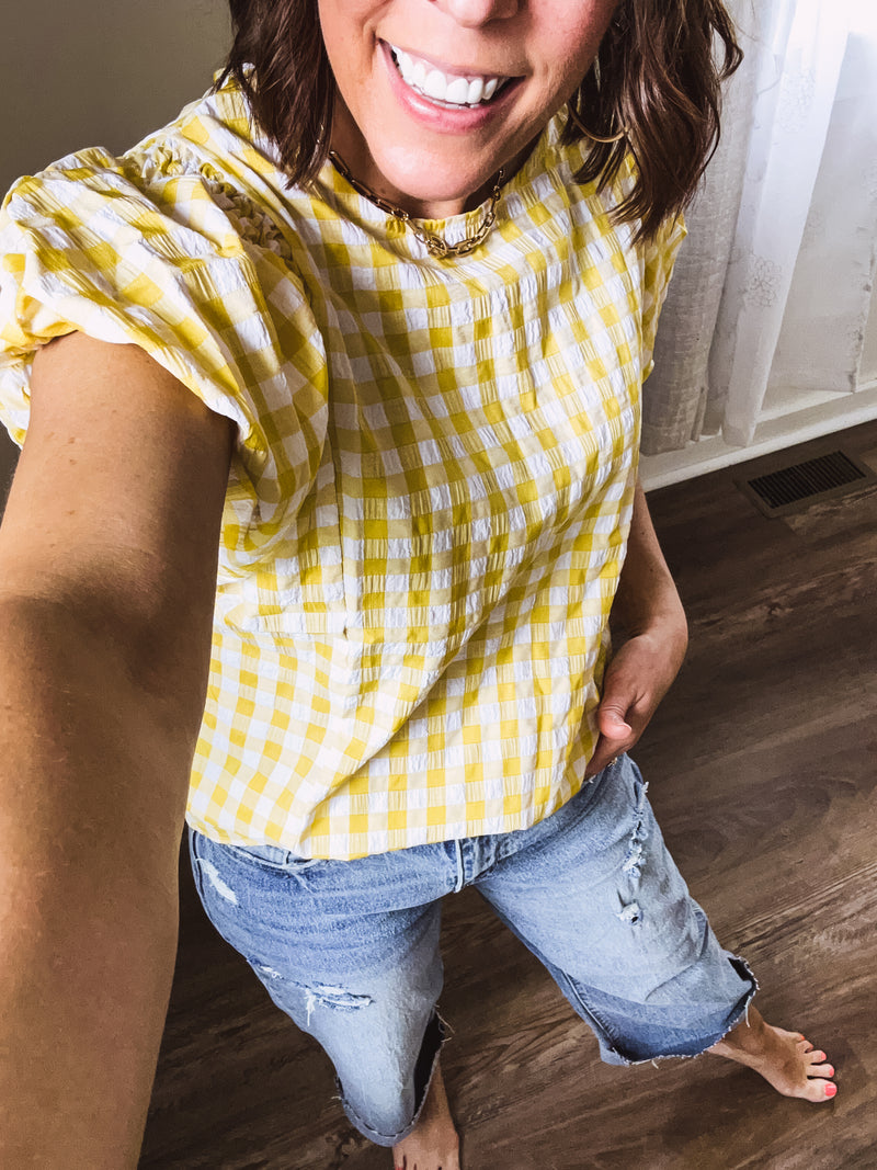 Mustard Plaid Smock Round Neck Blouse