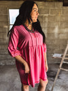 Bubble Pink Linen Red Embroidered Dress