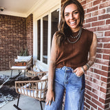 Chestnut Sleeveless Crop Sweater Vest with Rib Detail