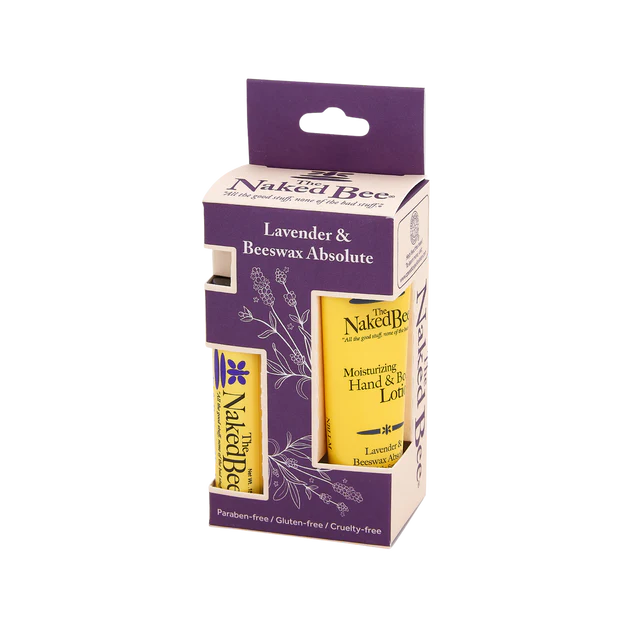 The Naked Bee combo pack including Lavender and Beeswax hand and body lotion and lip balm.