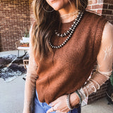 Chestnut Sleeveless Crop Sweater Vest with Rib Detail
