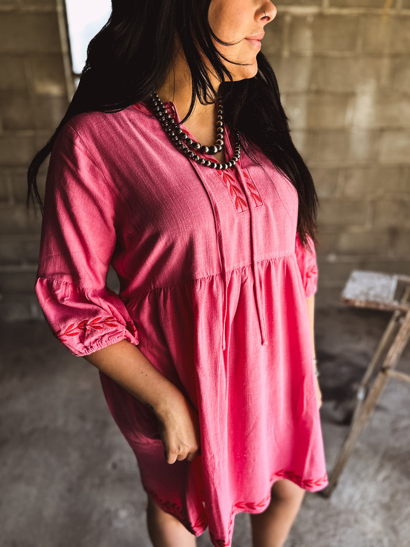 Bubble Pink Linen Red Embroidered Dress