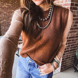 Chestnut Sleeveless Crop Sweater Vest with Rib Detail