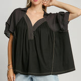 Black Wide V Neck Flowy Top with Contrast Stitching