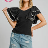 Black Rib Flouncy Sleeve with Tapestry Trim Top