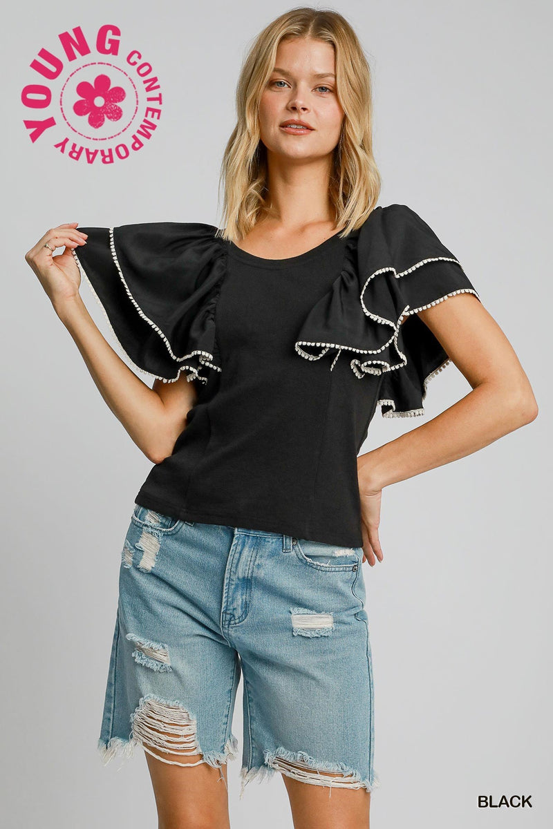 Black Rib Flouncy Sleeve with Tapestry Trim Top