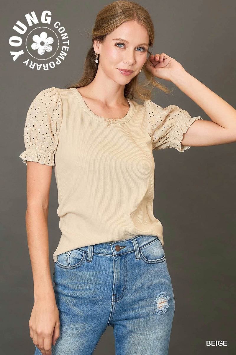 Beige Eyelet Lace Sleeve Top