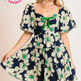 Navy Daisy Print Mini Flutter Hem Dress